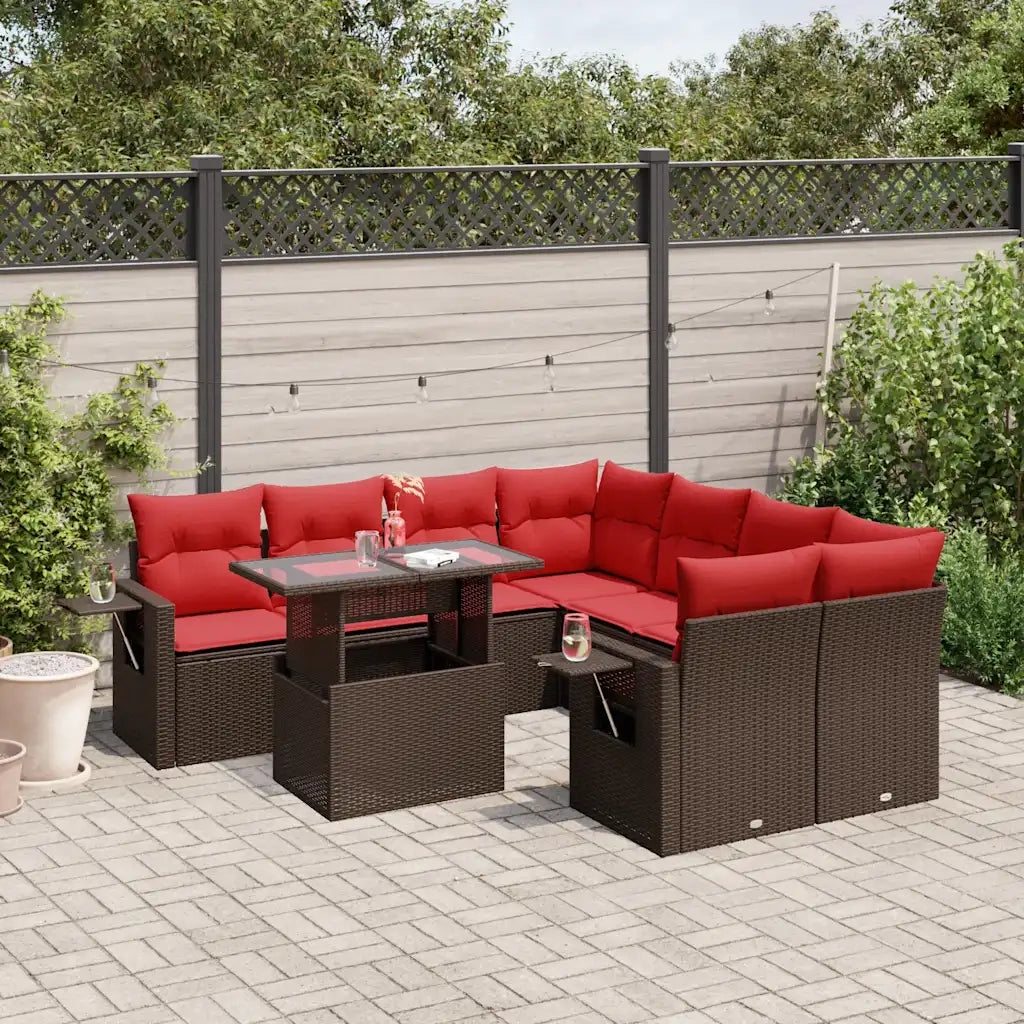 Set Divani da Giardino 9 pz con Cuscini Marrone in Polyrattan 3267804