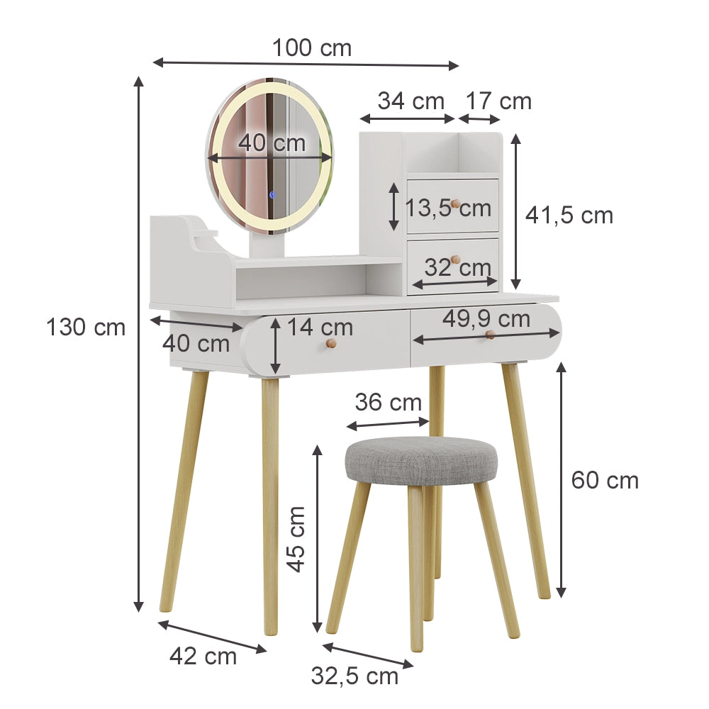 Vicco Tavolo da toeletta Bianco 100 cm con specchio LED e sgabello