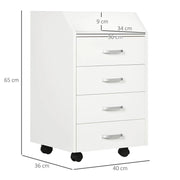 CASSETTIERA DA UFFICIO IN LEGNO CON 4 CASSETTI, RUOTE E BORDI RIALZATI, 40X36X65CM, BIANCO