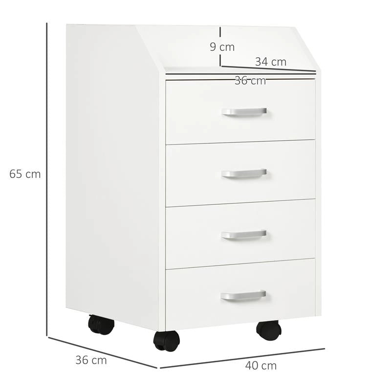 CASSETTIERA DA UFFICIO IN LEGNO CON 4 CASSETTI, RUOTE E BORDI RIALZATI, 40X36X65CM, BIANCO