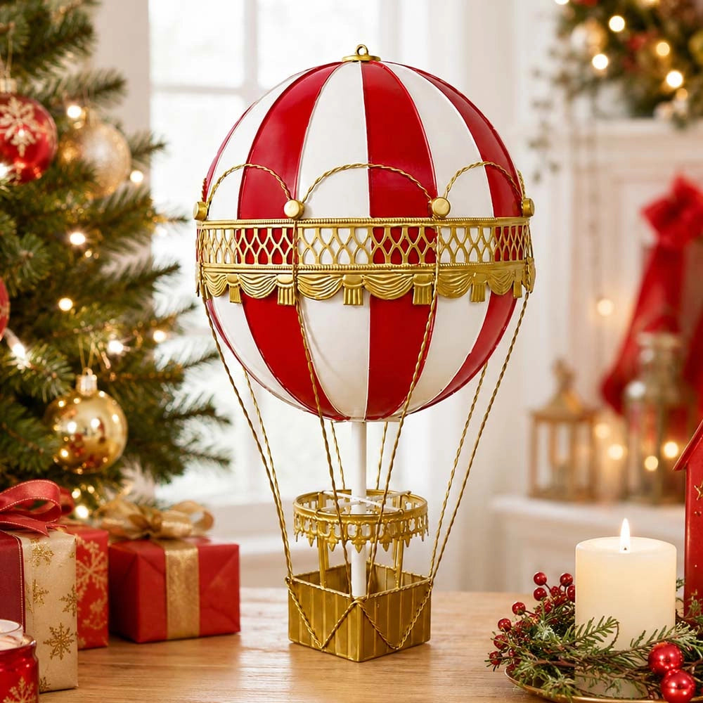 Mongolfiera Decorativa h 45 cm Metallo Rossa e Dorata da Appendere o Appoggiare
