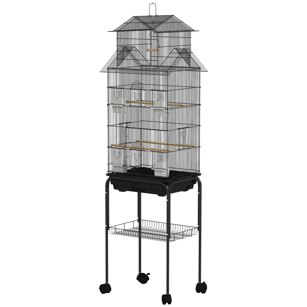 Gabbia per Uccelli con Ruote ¨C Xylo ¨C Mangiatoie Trespoli Altalena Vassoio Estraibile 50,5x41x163 cm Nero