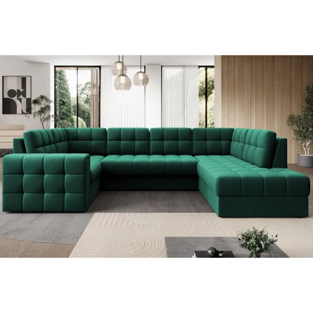 Divano ad angolo convertibile MONTEZA verde 299 cm con contenitore e letto