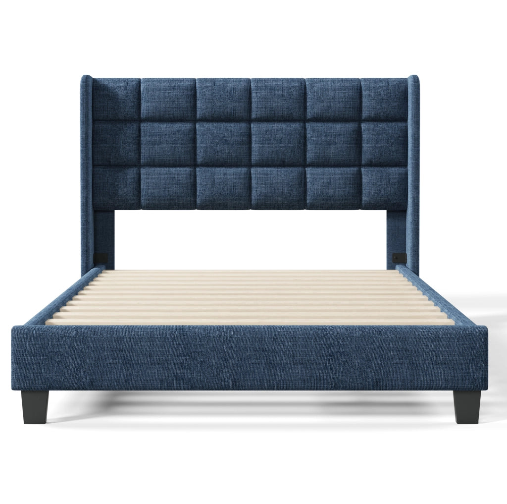 Letto matrimoniale imbottito 140x200 cm in lino blu con testiera alta e rete a doghe