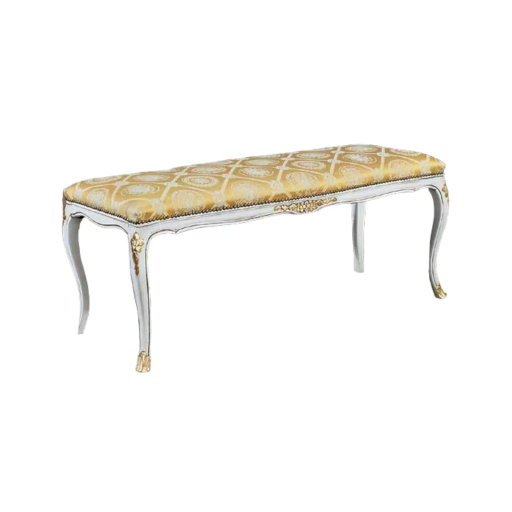 Panca imbottita in legno shabby con decori oro