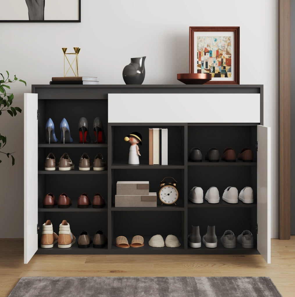 Mobile scarpiera moderno con LED; 2 ante e cassetto 105 x 39;5 x 86 cm; nero e bianco