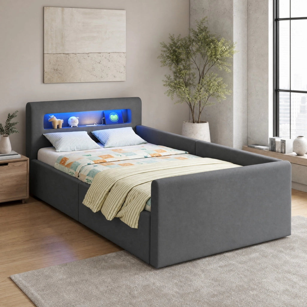 Letto imbottito per bambini 90x200 cm con LED, USB e contenitore idraulico