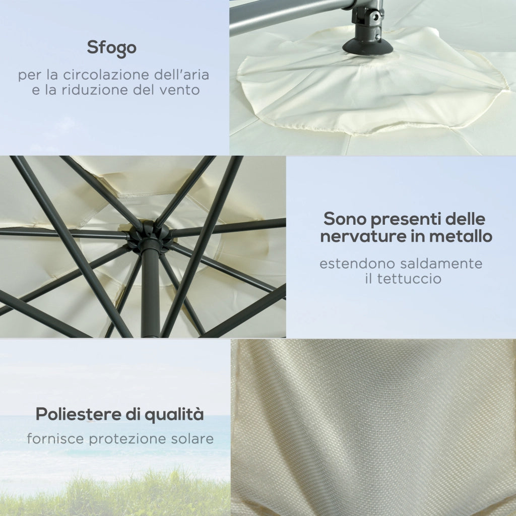 Ombrellone Decentrato a 6 Stecche con Manovella e Base a Croce, in Metallo e Poliestere, ?292x247 cm, Beige