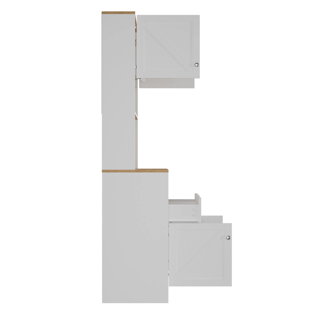 Credenza con ante a granaio e pannello forato, 2 cassetti e ripiani, cucina e sala da pranzo bianco e legno 80 × 40 × 175 cm