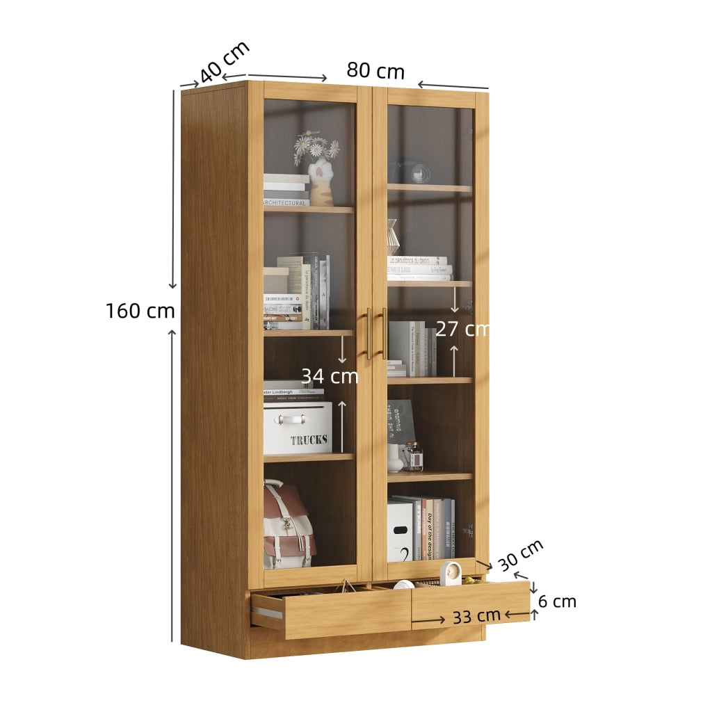 Vetrina con 2 ante in vetro 1 cassetto e 9 vani sfalsati per soggiorno o studio colore legno 80 × 40 × 160 cm