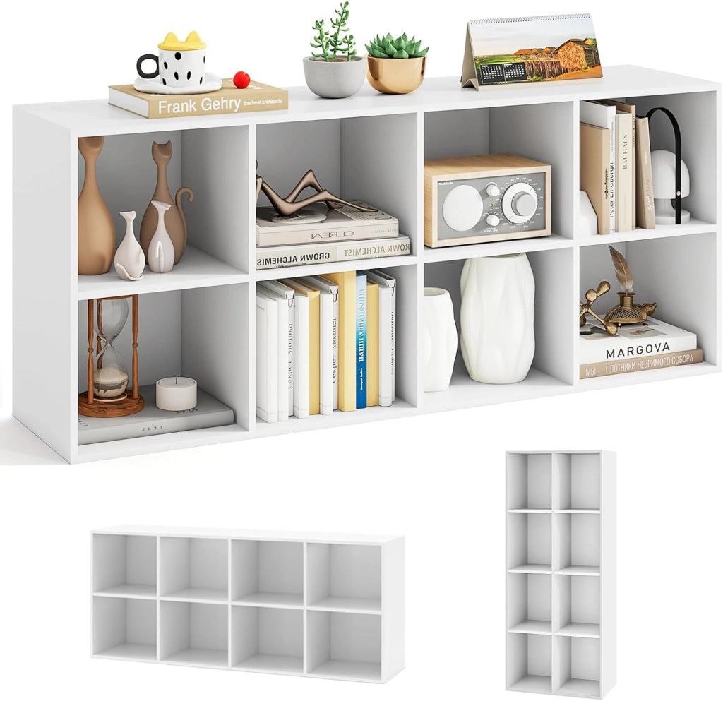 Libreria Scaffale con 8 Cubi, Libreria Legno con 2 Dispositivi Antiribaltamento, Mobile Contenitore per Soggiorno, Camera da Letto, Ufficio, 121,5 x 29 x 61 cm (Bianco)