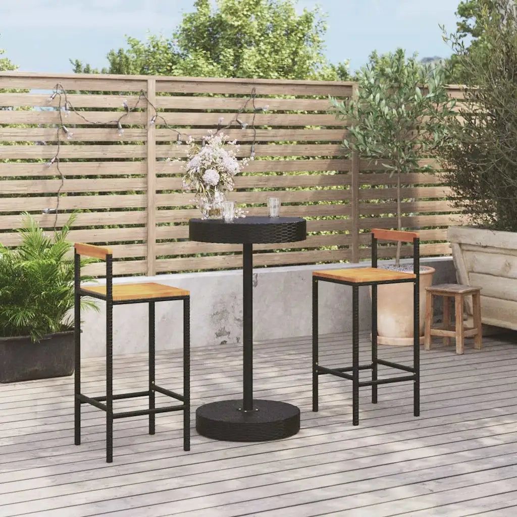 Set Bar Giardino 3 pz | Set Salotto da Giardino Nero Polyrattan e Legno Massello Acacia