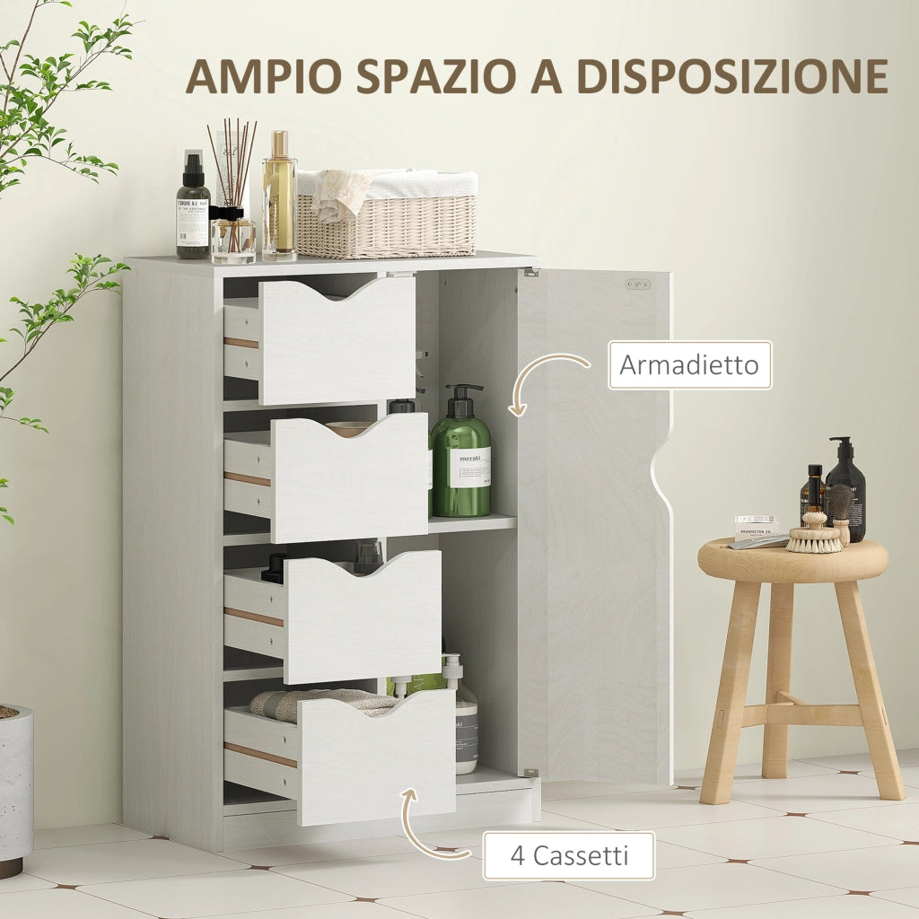 Mobile Bagno con 4 Cassetti. Armadietto a 2 Livelli e Maniglie Ritagliate. in Legno. 54x29x83 cm. Bianco