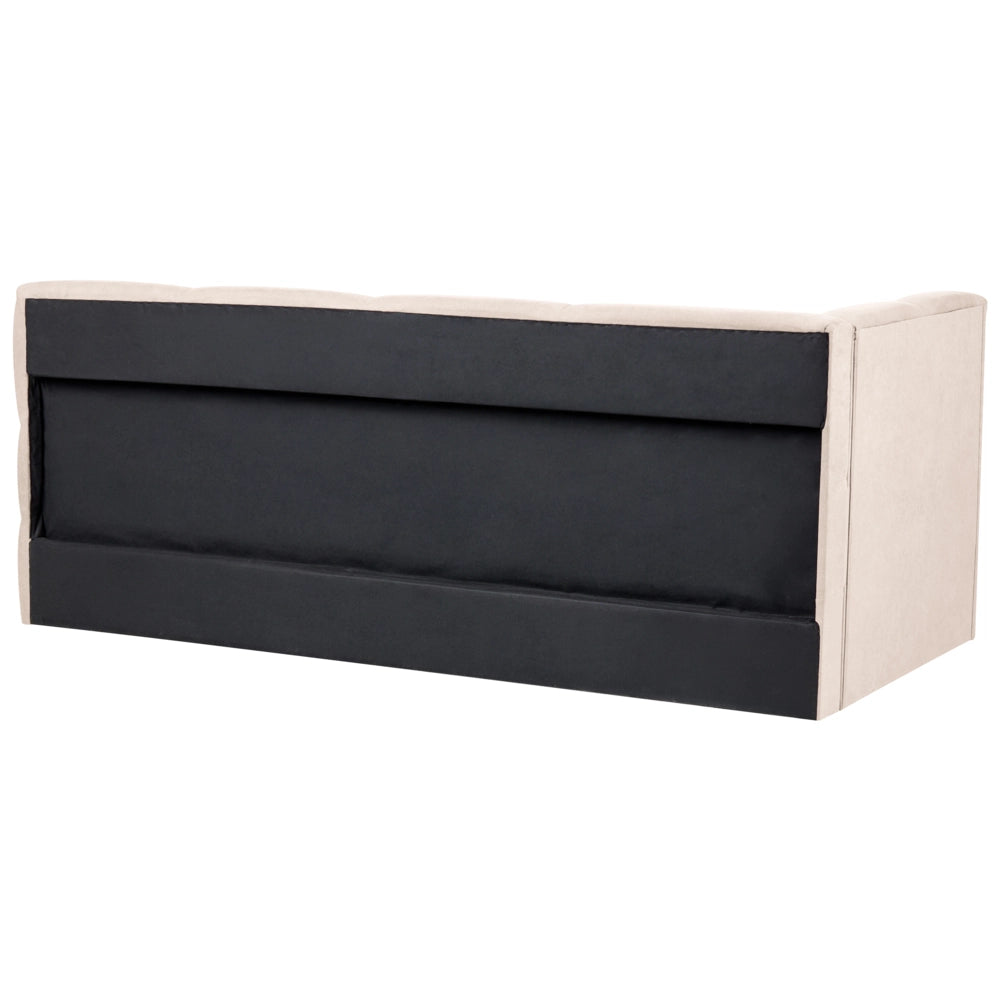 Divano letto imbottita in tessuto beige chiaro lato sinistro 90x200 cm con pouf contenitore a forma di L