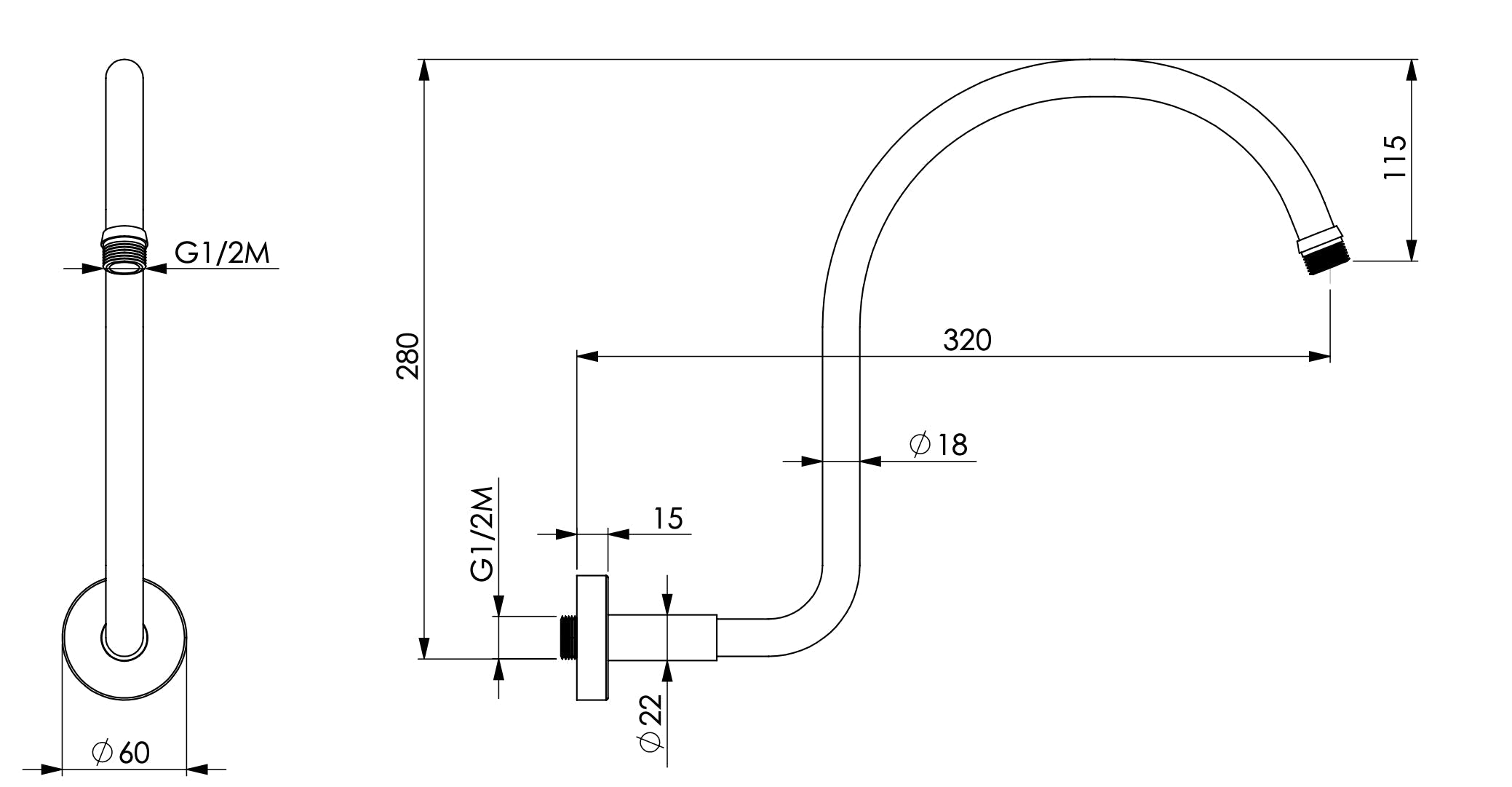Braccio doccia a sbalzo rialzato tondo ad arco