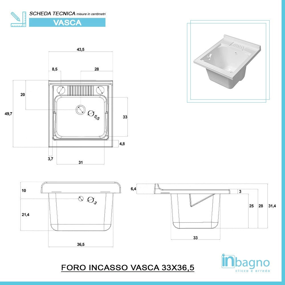 Mobile lavatoio bianco 45x50 cm vasca in resina e asse lavapanni Desya