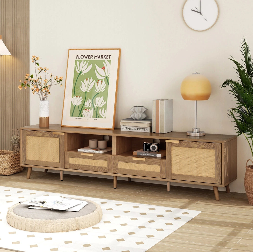 Mobile TV in rovere 200×37×49 cm con rattan sintetico e 2 cassetti
