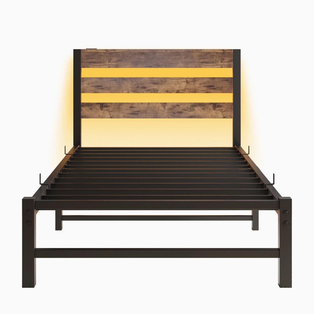 Letto singolo 90x200 cm con LED RGB, 2 porte USB e struttura in metallo nero/marrone