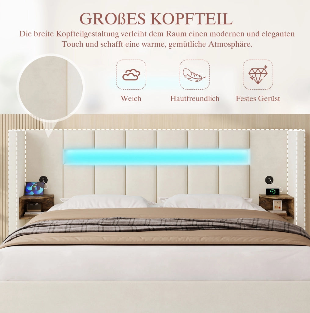 Letto contenitore 180x200 cm in velluto beige con LED e USB