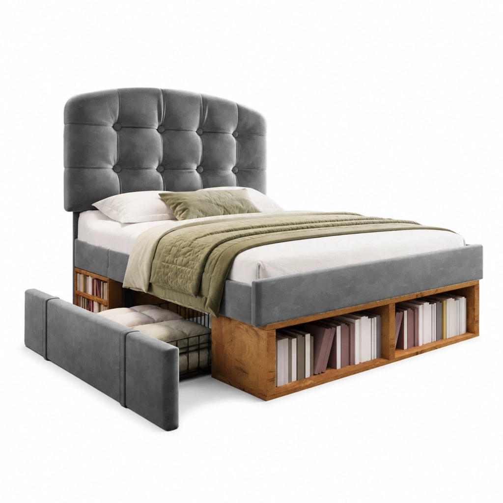 Letto singolo imbottito 90x200 cm in velluto grigio con testiera regolabile e cassetti
