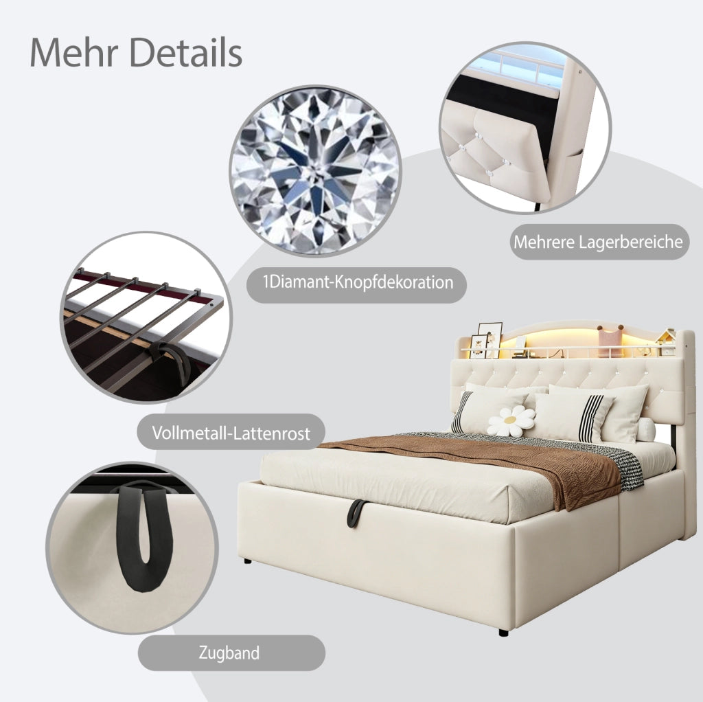 Letto imbottito 180x200 cm con contenitore idraulico e LED