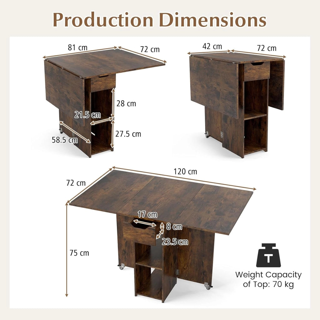 Tavolo da Pranzo Pieghevole, Mobile da Cucina con Ali Pieghevoli, 1 Cassetto e 2 Ripiani Aperti, per 2-4 Persone, Salvaspazio, 120 x 72 x 75 cm, Ideale per Sala e Cucina