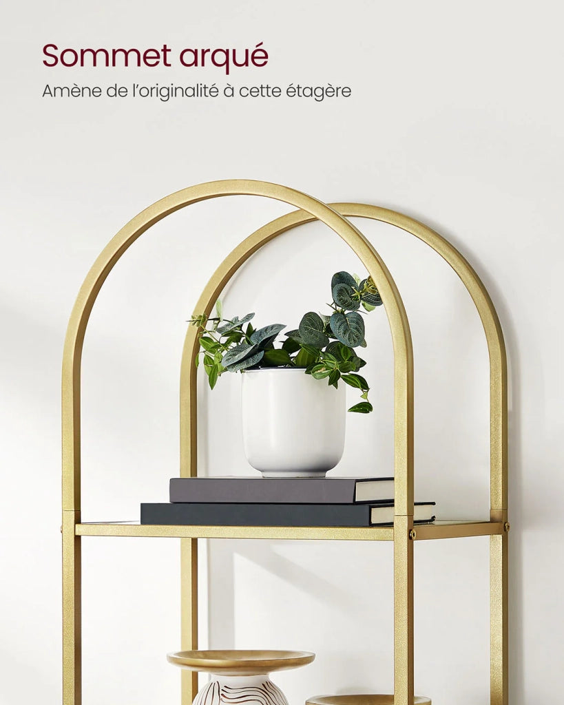 Libreria in vetro temperato a 5 ripiani 30,2 x 40 x 183,5 cm ripiano portaoggetti ad arco struttura in metallo per soggiorno camera da letto ufficio bagno 12_0004200