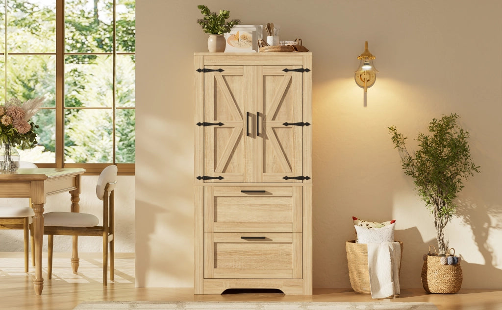 Credenza con 2 cassetti e ripiani regolabili in stile rustico per cucina, sala da pranzo e soggiorno in MDF naturale