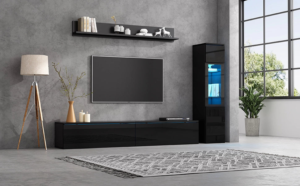 Cassettiera TV nera in truciolato lucido lunghezza 180 cm