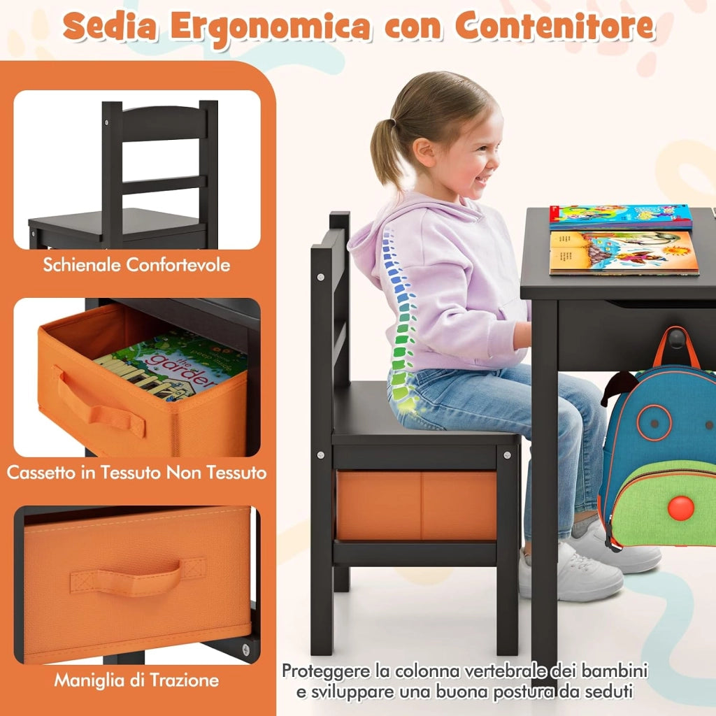 Set Tavolo e Sedia per Bambini, Scrivania Ribaltabile con Sedia per Bambini in Legno, con Cassetto e Gancio Estraibile, Bianco/Naturale (Nero)