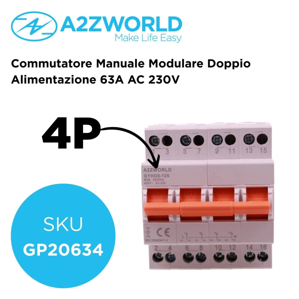 Commutatore di Rete Manuale I-0-II, 63A AC 220/380V, per Rete Principale e Alimentazione di Riserva, Disponibile 1P 2P 4P (4P)