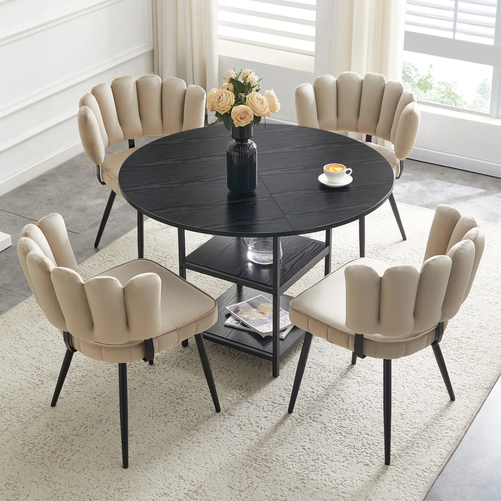 Set tavolo da pranzo e sedie con 1 tavolo rotondo e 4 sedie con ripiani; in tessuto; MDF e metallo; nero e marrone chiaro