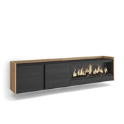 Mobile TV Soggiorno, 212x50x35 cm, Per TV fino a 80", Camino elettrico XXL, Sospeso, da appendere, Nero e rovere