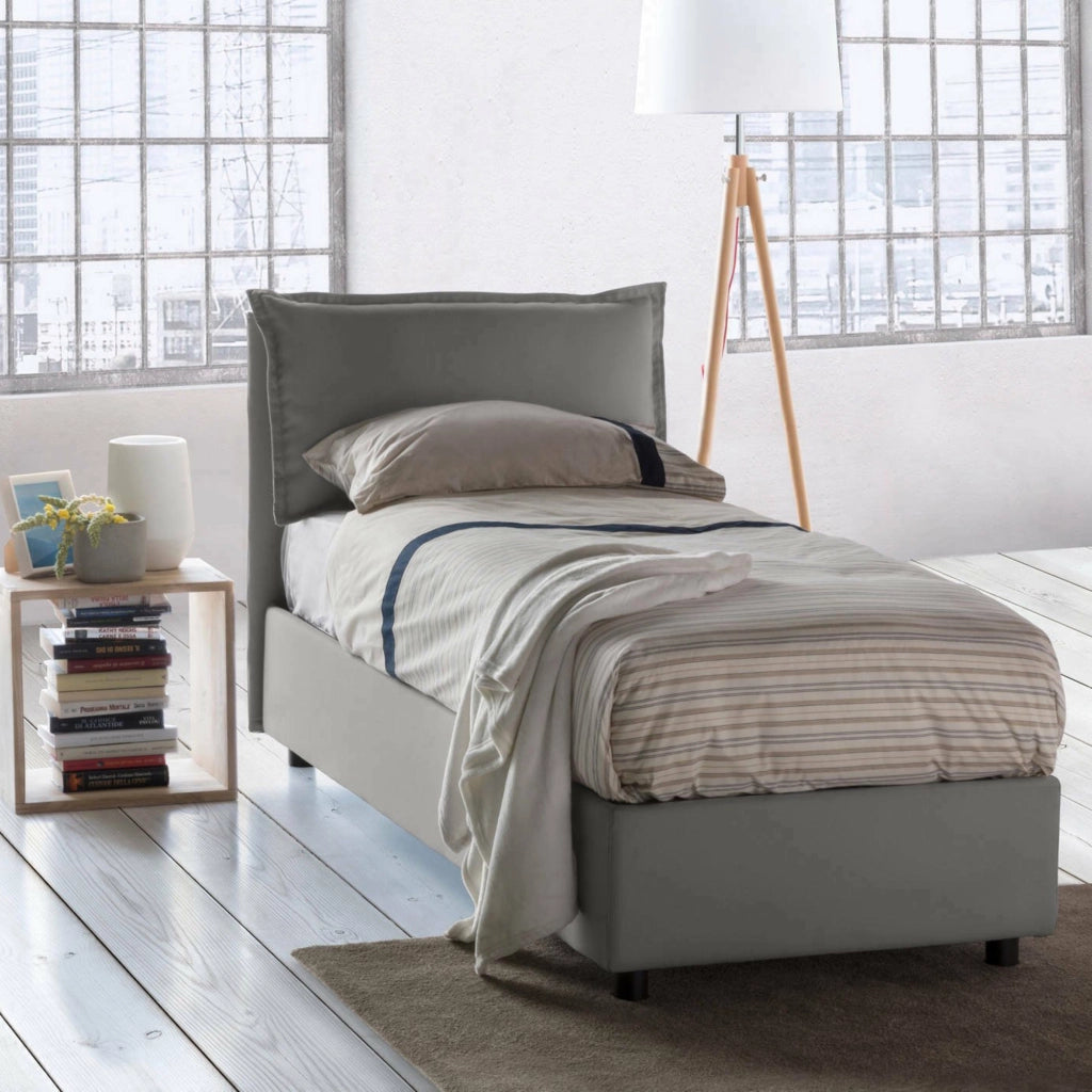Letto singolo Alto, Letto contenitore con rivestimento in tessuto, Made in Italy, Apertura frontale, adatto per materasso cm 80x190, Grigio