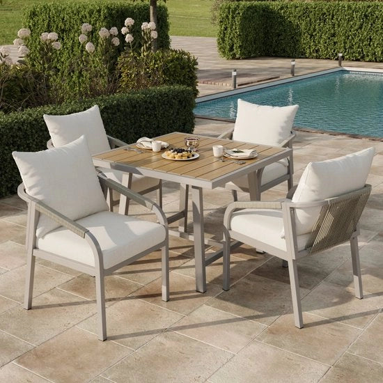 Tavolo da Giardino - Tubo di Acciaio Galvanizzato - Tavolo in Plastica - Design a Nastri di Canapa - 4 Sedili