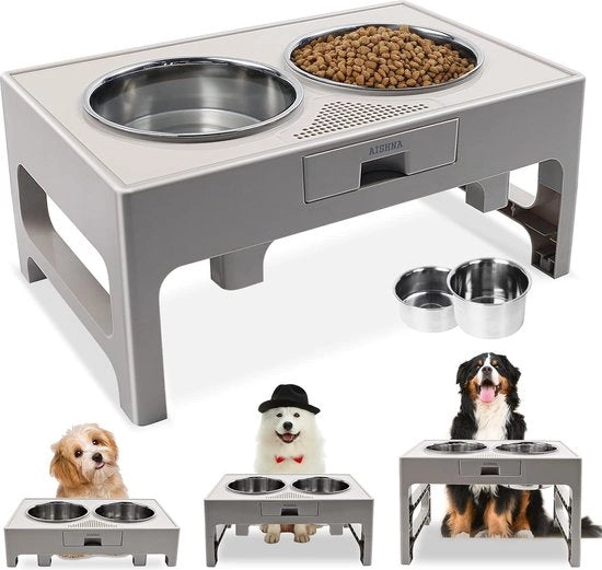 Ciotola per cani standard - Ciotola per cibo per cani - Ciotola per cibo - Altezza regolabile della ciotola per cani - 2 ciotole per cibo in acciaio inox antiscivolo - Ciotola per raccogliere acqua - Ciotola in colore grigio chiaro