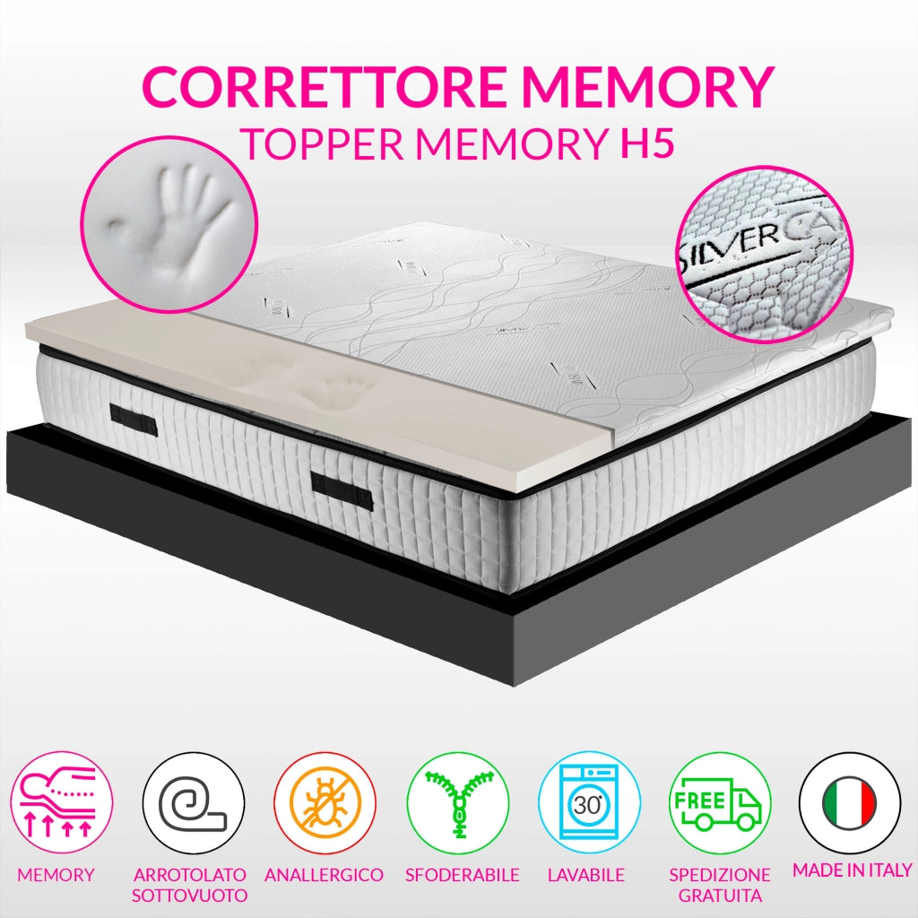 Topper materasso, sopramaterasso in memory foam, Alto 5 cm con tessuto anallergico antimicrobico sfoderabile, filato in ARGENTO - STAR FOAM PLUS francese 135x190