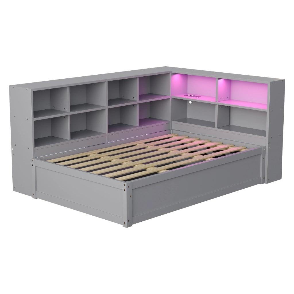 DIVANO LETTO 90x200 cm Grigio in legno con presa multifunzione, LED e vani contenitori