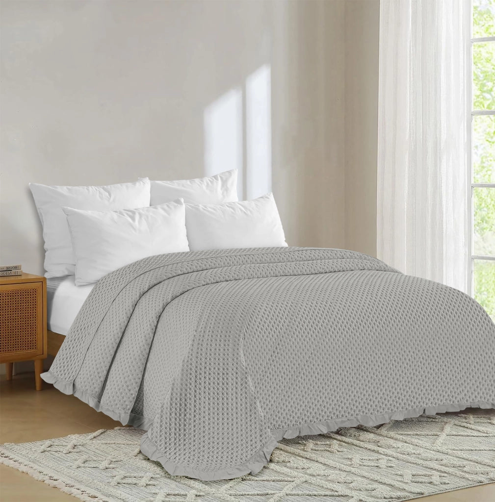 Copriletto Trapuntato Volant Matrimoniale Trapuntino Tinta Unita Due Piazze Con Balze Coperta Leggera Primavera Estate Trapunta Leggera Grigio
