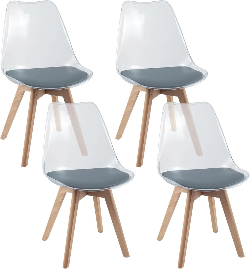 Set di 4 Sedie da Cucina Trasparenti, Sedie per Sala da Pranzo Moderne con Gambe in Legno e Seduta Imbottita, Sgabello senza Braccioli per Soggiorno e Camera da Letto, Portata 150 kg (Grigio)