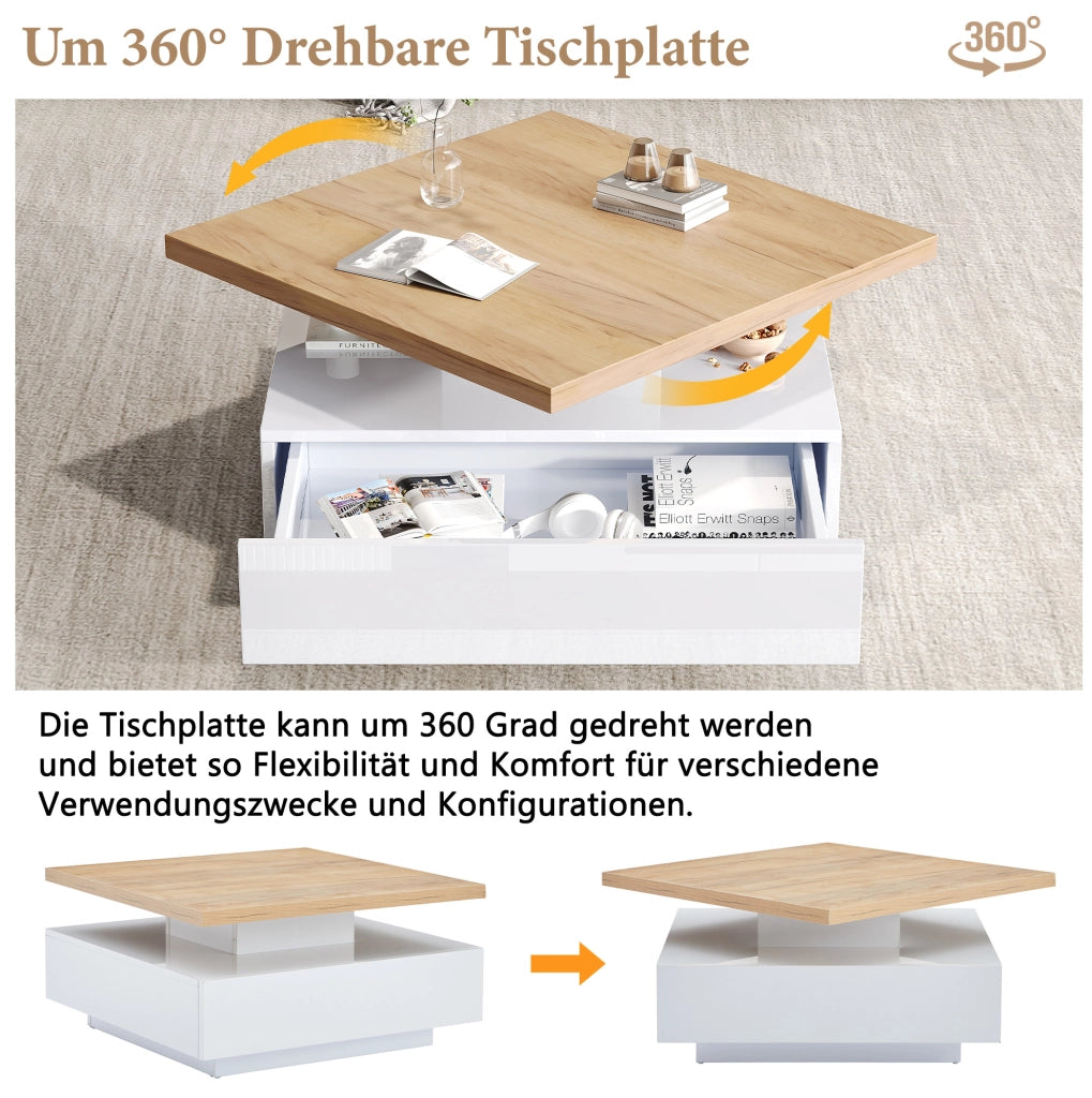 Tavolino da caffè quadrato girevole 360° con cassetto 70x70x36 cm in truciolare; noce e bianco lucido