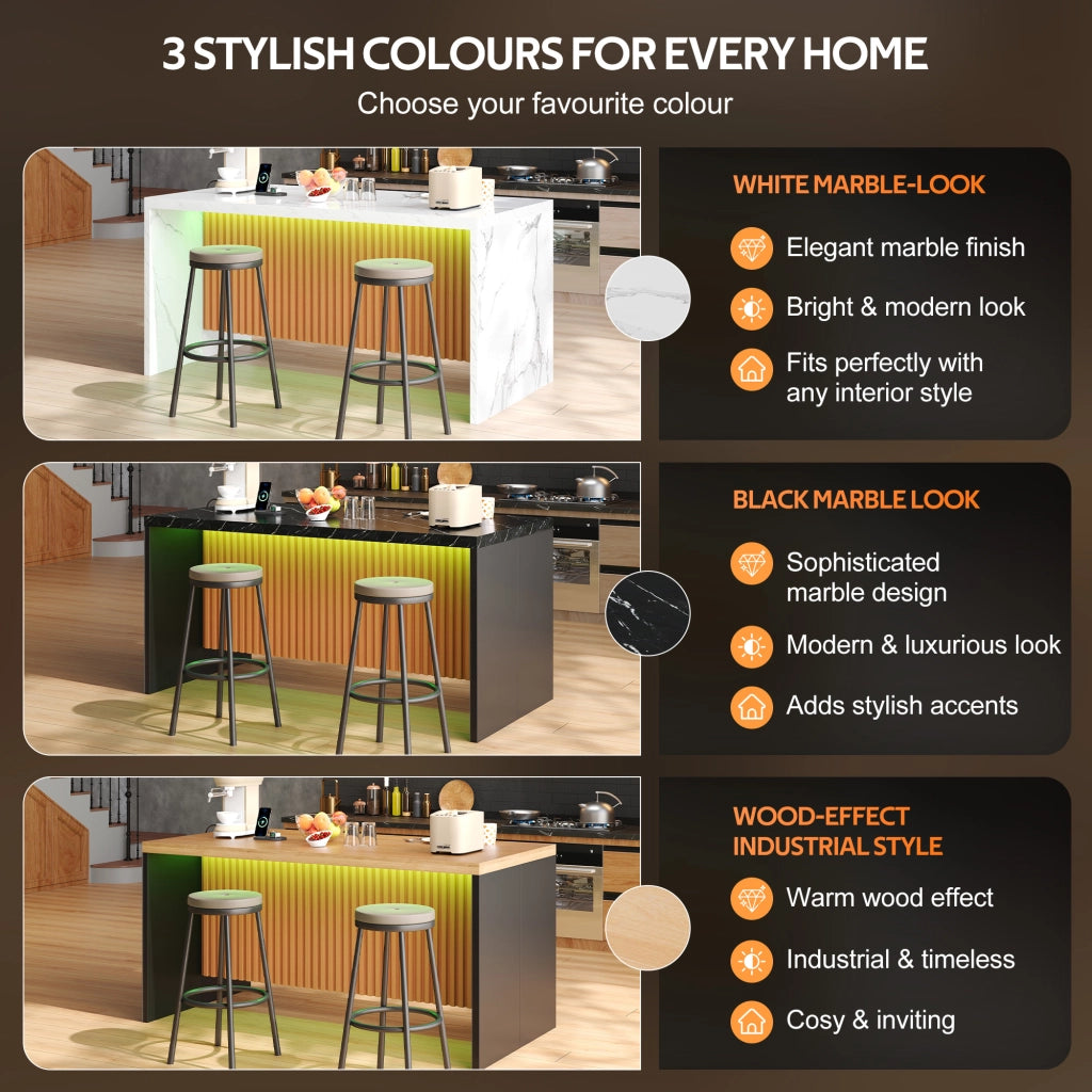 Mobile cucina con LED, 2 prese e 2 USB, piano da 40 mm, per cucina aperta, in MDF nero e naturale 155 × 80 × 90 cm