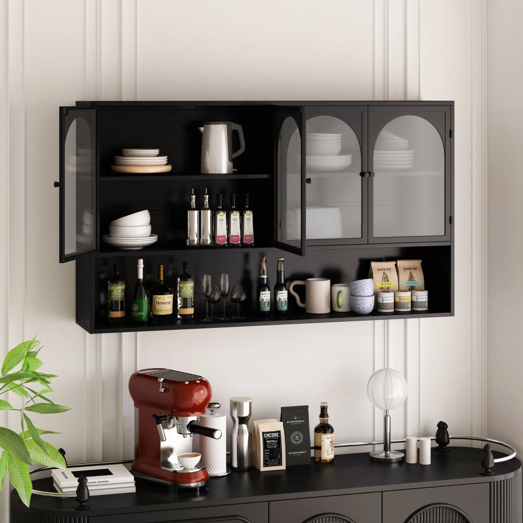 Vetrina a parete con 4 ante e ripiani in vetro e metallo per cucina e soggiorno nero e grigio 120×23×70 cm