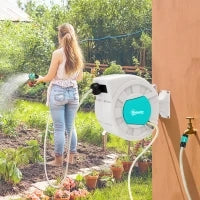 Avvolgitubo per Irrigazione, Avvolgitubo per Tubi d'Acqua 25+2 m, Supporto a Parete, Maniglia Girevole a 180°, 55 x 20 x 42 cm, Grigio Chiaro