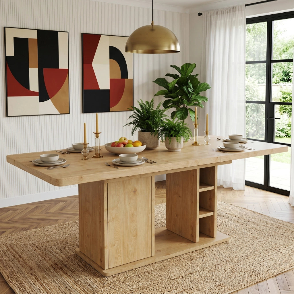Tavolo da pranzo allungabile 140/180 x 80 cm, per 6–8 persone, con vano contenitore, colore rovere