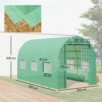 Serra per Orto a Tunnel 3.5x2x2m in PE e Metallo con 6 finestre e Porta Avvolgibile, Verde