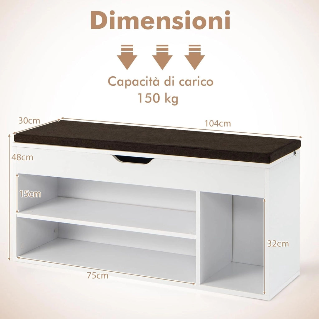 Scarpiera Panca con Cuscino, Scarpiera da Ingresso Salvaspazio, Panca Contenitore per Ingresso Corridoio, 104x30x48 cm, Carico 150 kg (Grigio)