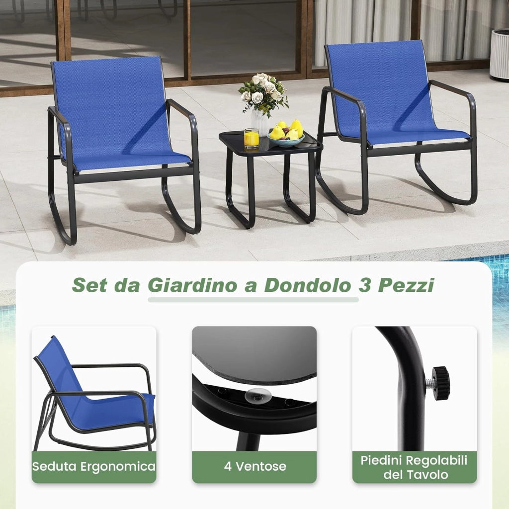 Set Bistrò 3 Pezzi, Sedie a Dondolo Ergonomiche in Textilene, Tavolino in Vetro Temperato, Struttura in Metallo, per Balcone, Giardino e Terrazzo (Blu)