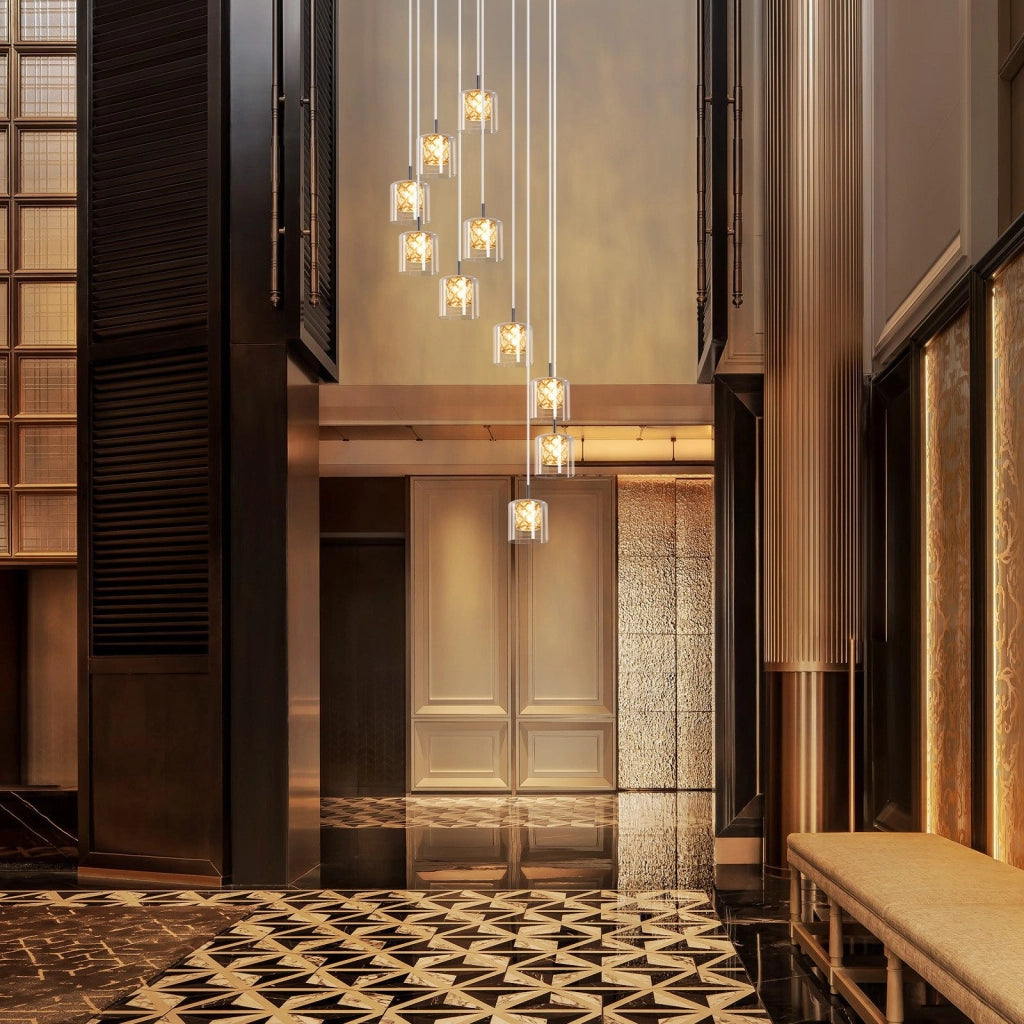 Lampada a sospensione ZMH moderna per sala da pranzo con 10 fiamme in vetro G9 per scale
