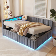 Letto matrimoniale imbottito 140x200 cm con contenitore idraulico; LED e USB; velluto grigio